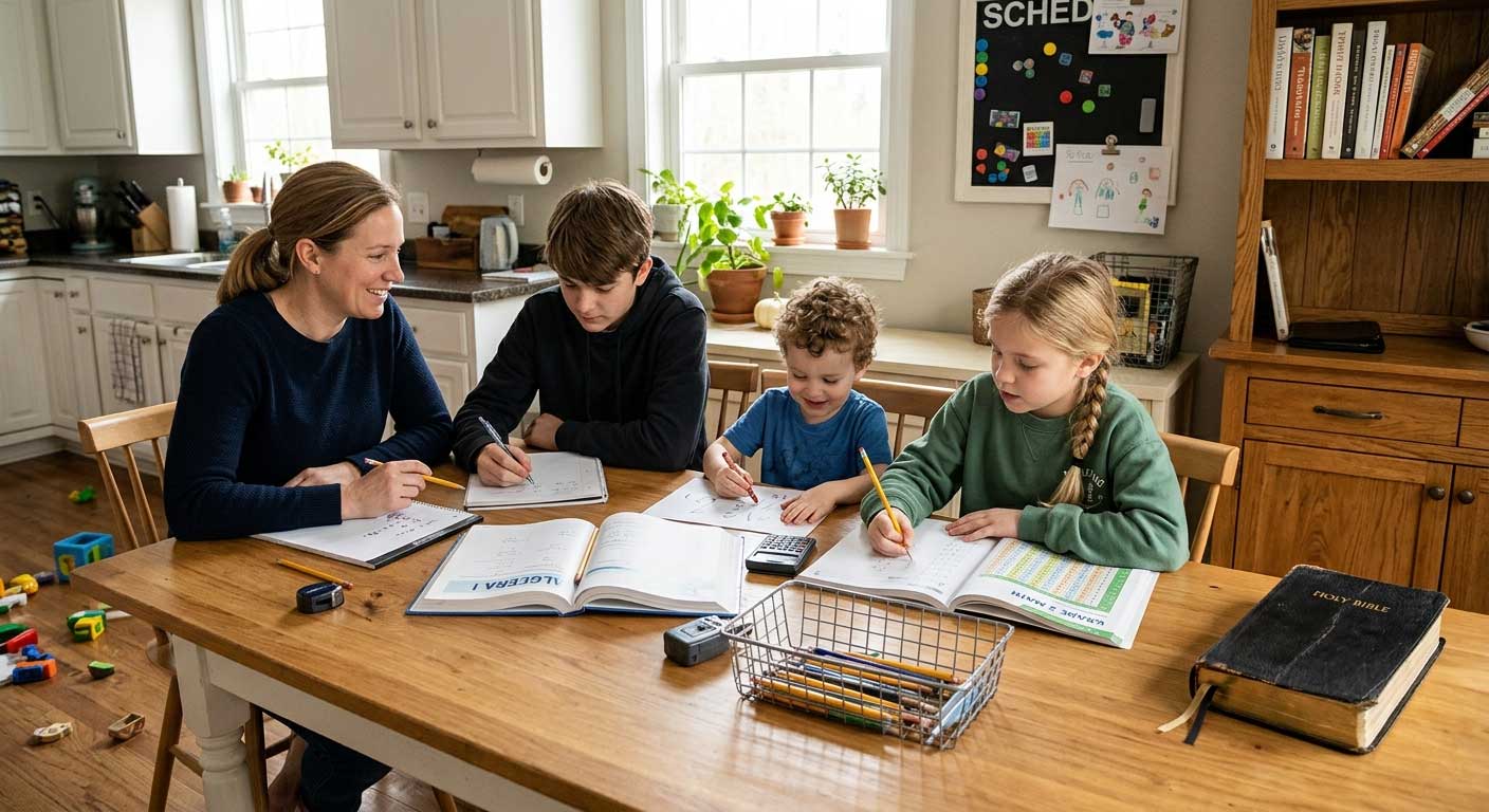 A homeschooling mother and her three children working through math lessons together at the kitchen table with a Bible beside them
