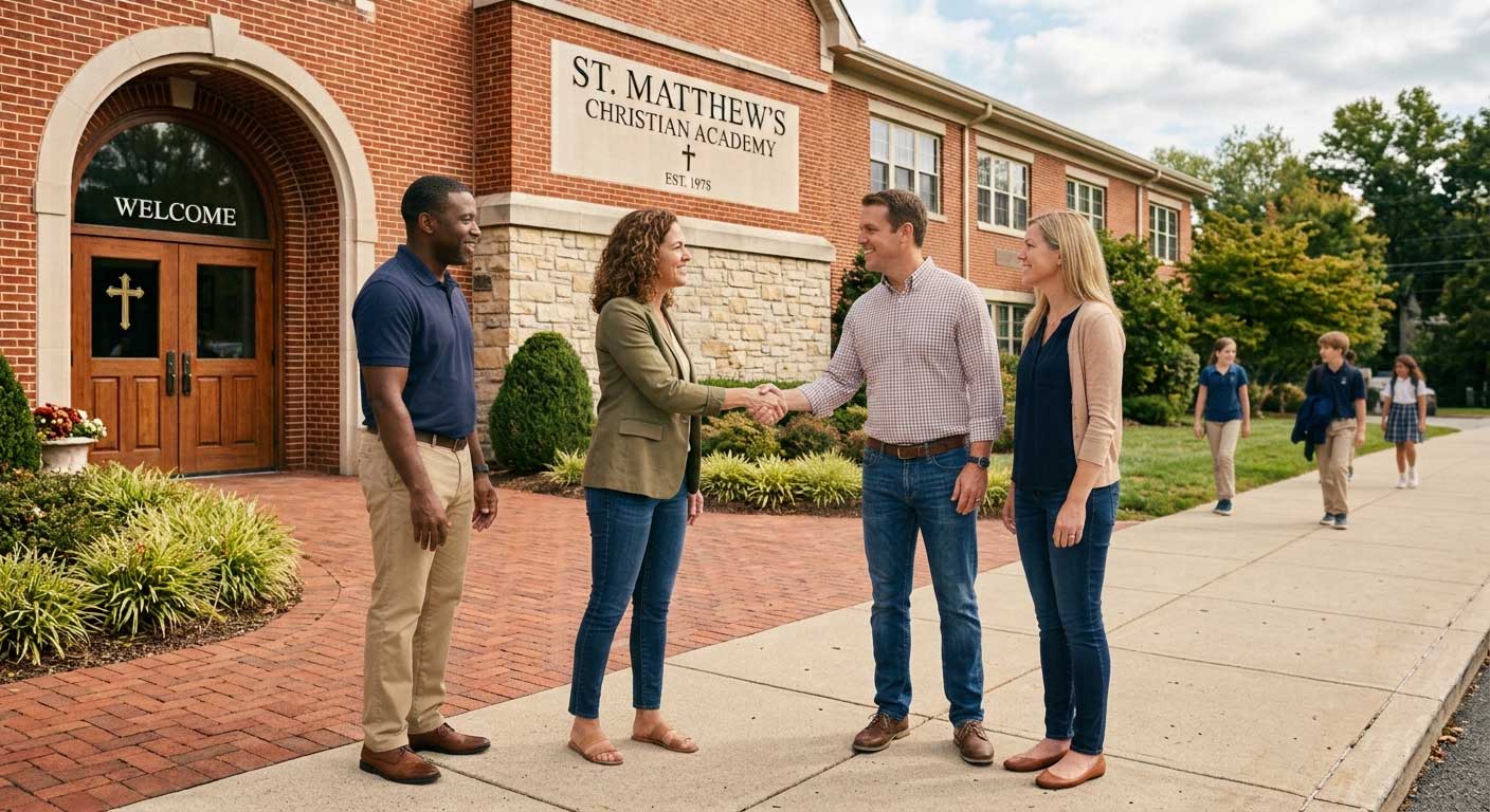 Two couples shaking hands and greeting each other on the sidewalk outside St. Matthew's Christian Academy