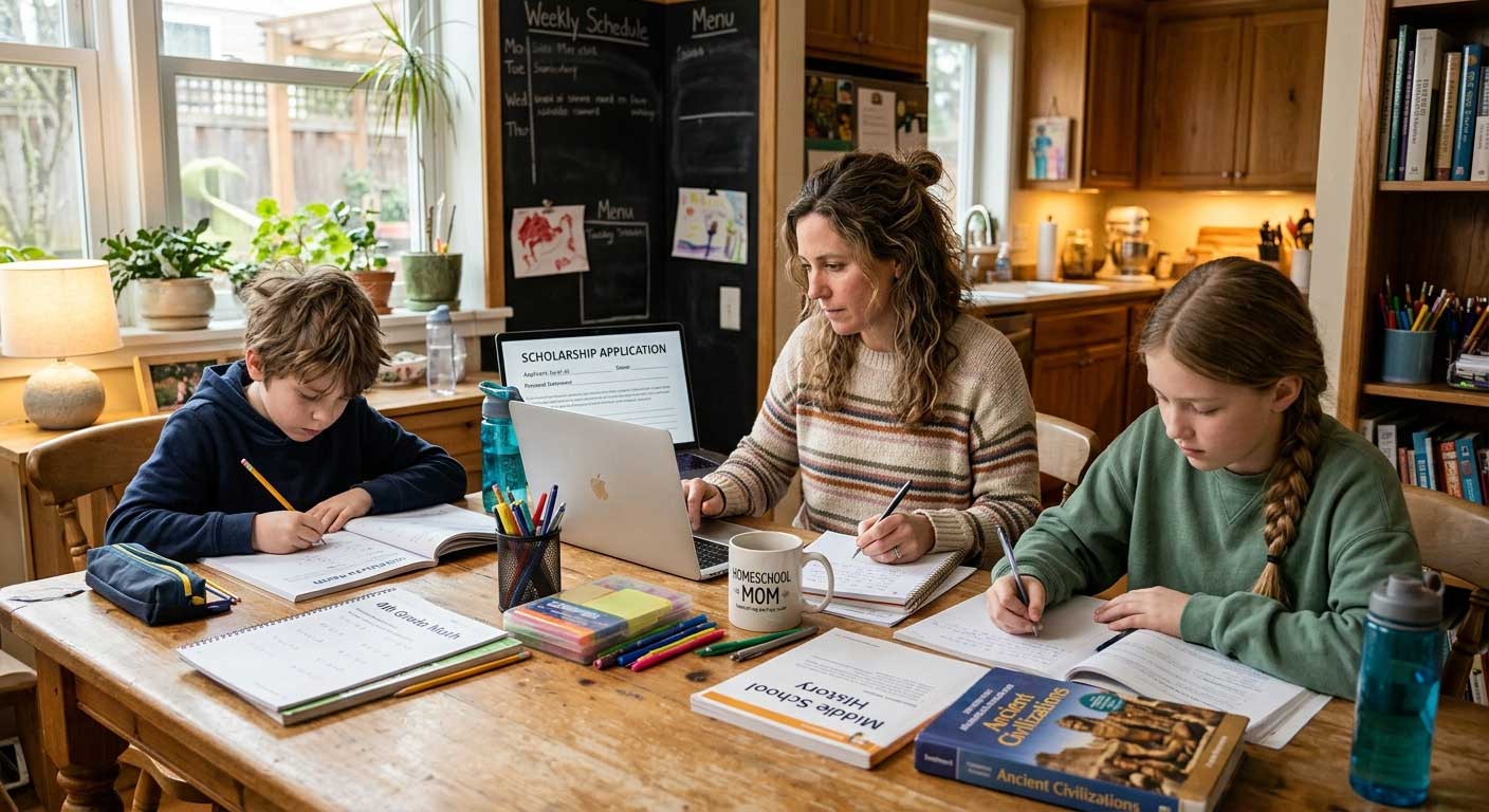 A homeschool mom filling out a scholarship application on her laptop while her son and daughter do schoolwork at the kitchen table