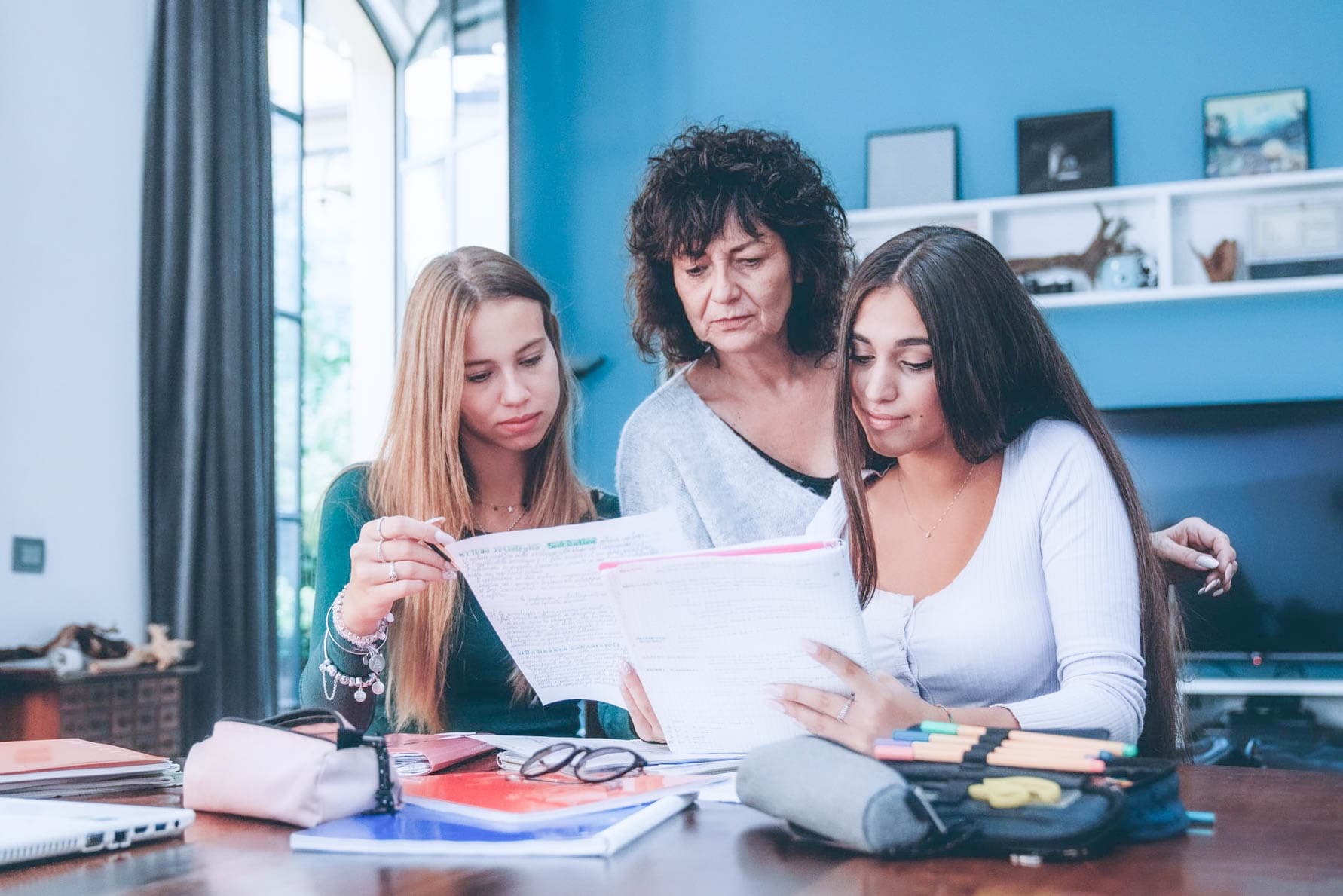 A Virginia family reviewing scholarship options for a Christian school together